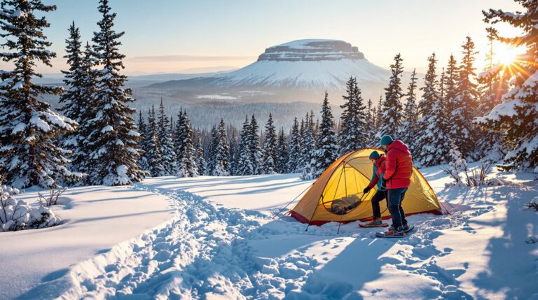 Two campers in colorful jackets set up a tent in snowy woods with snowshoes beside them, a distant mesa visible through falling snow and golden sunlight.