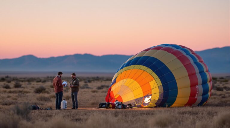 Hot air balloon crew performing safety checks at dawn in an open field with pastel sunrise sky and distant mesas west of Grand Junction, Colorado.
