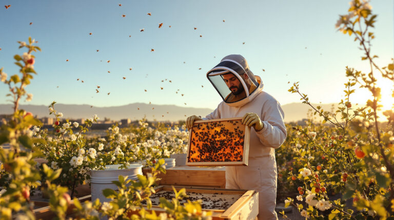 Beekeeper in protective suit tending rooftop beehive near fruit trees with honeybees flying, sunrise over generic city buildings in the background