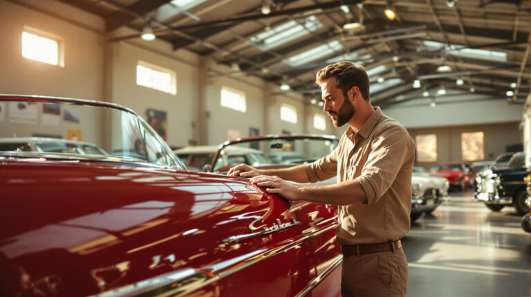 Museum curator cleaning a vintage red convertible in a classic car exhibition hall with other antique vehicles in the background