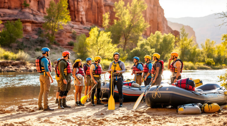 Group of beginner rafters listening to a safety demonstration from a guide on a sandy Colorado riverbank, with helmets, life jackets, paddles, and rafts under soft morning light.