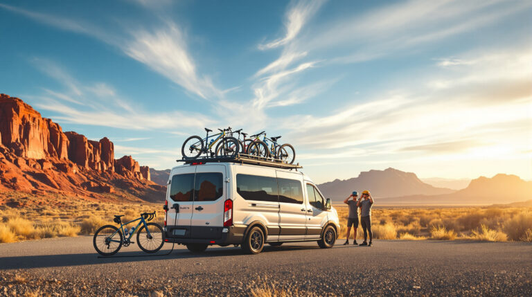 Electric shuttle van with bike rack and cyclists preparing for a ride on a gravel turnout near Grand Junction, Colorado, with red-rock mesas and blue sky in the background.