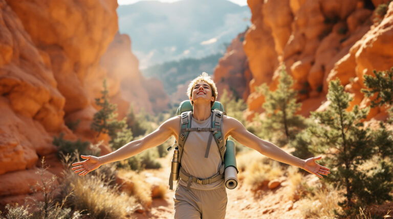 Young hiker with lightweight daypack enjoys forest-bathing on a sunlit canyon trail surrounded by juniper and piñon pines.