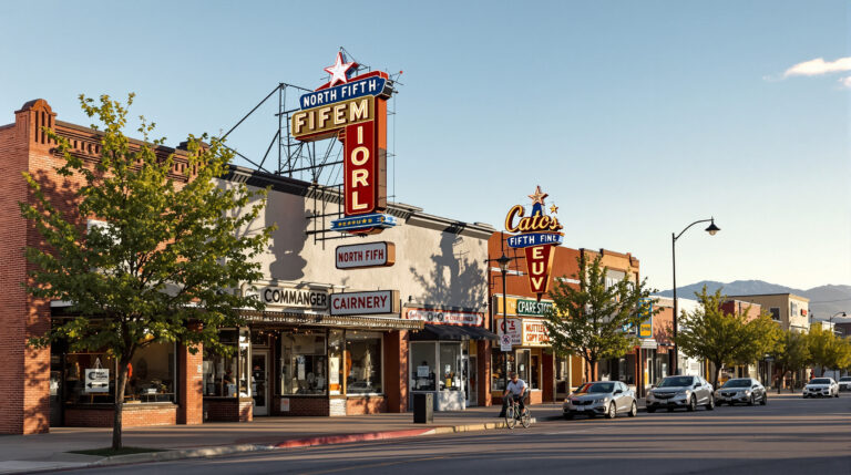 Row of vintage storefronts with weathered neon and painted signs, leafy trees, parked cars, and a cyclist on a quiet downtown street in warm afternoon light