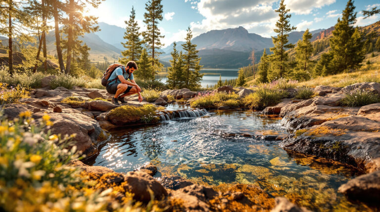 A hiker kneels beside a clear artesian spring surrounded by wildflowers, mossy rocks, and aspens in a sunlit high-desert forest near Grand Junction, Colorado.