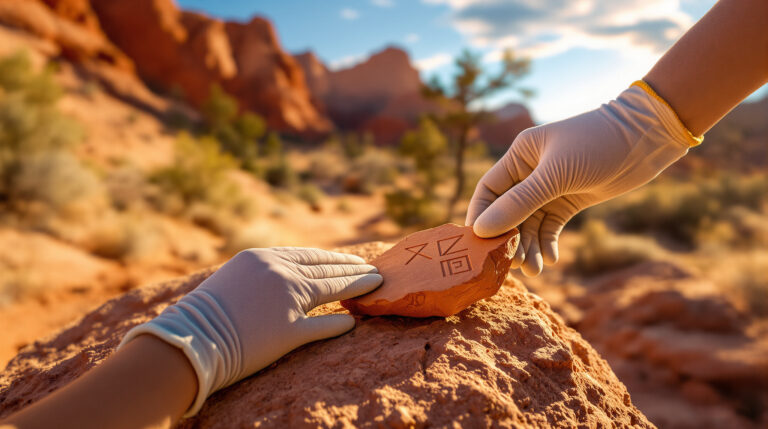 Archaeologist’s gloved hands brushing dust from ancient Ute pottery shard on sandstone boulder with canyon trail and sagebrush in soft focus background.