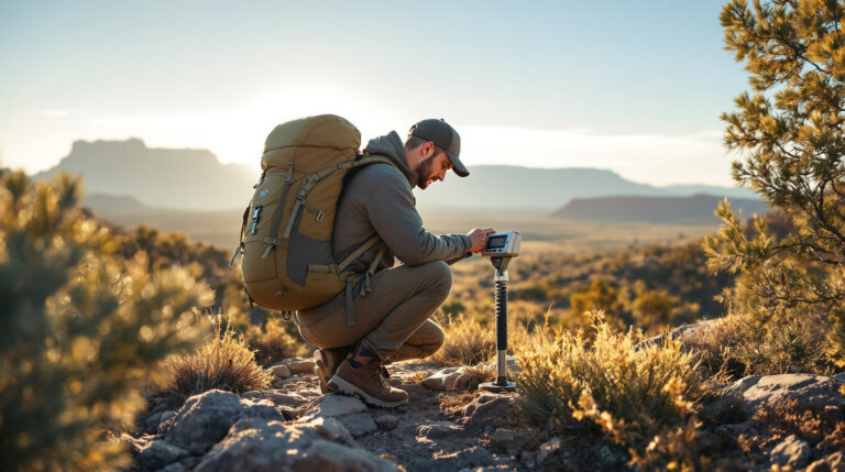 Backpacker kneeling on rocky overlook weighing backpack with scale in sunlit desert landscape with sagebrush and distant mesas