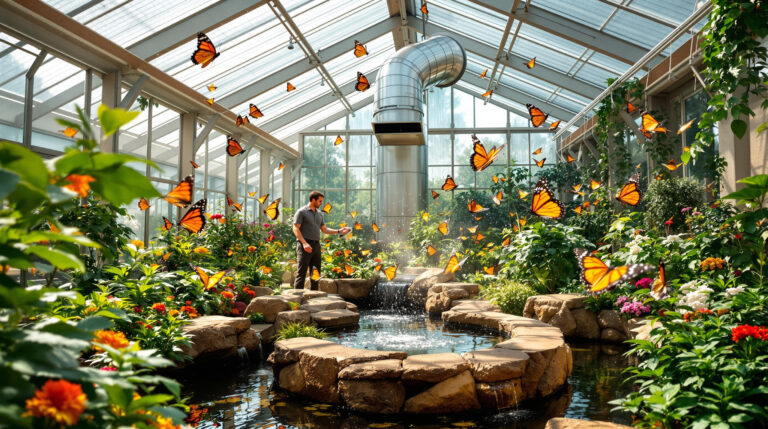 Colorful butterflies flying among native plants inside a modern greenhouse with a glass roof, misting system, and a technician checking equipment in the background.