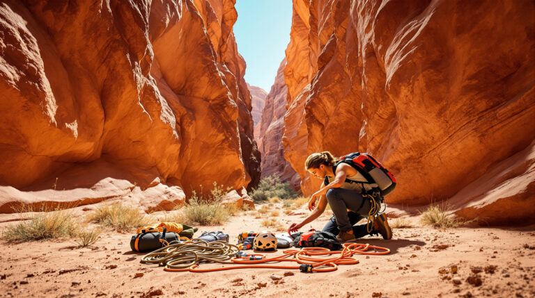 Canyoneer organizing climbing gear at the entrance of a red sandstone slot canyon, with desert plants and sunlight filtering through, illustrating outdoor preparation near Grand Junction, Colorado.