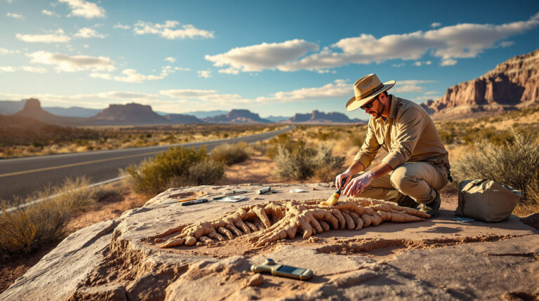 Paleontologist excavating a large dinosaur fossil in rocky desert terrain near a scenic byway, with excavation tools and distant mesas under a clear sky.