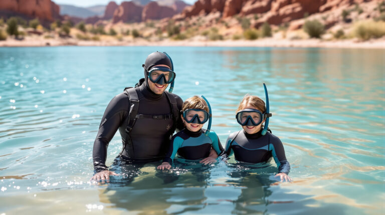 Family in wetsuits and scuba gear stands at the edge of a sunny, clear lake with gentle sandstone bluffs and juniper trees in the background, preparing for a dive.