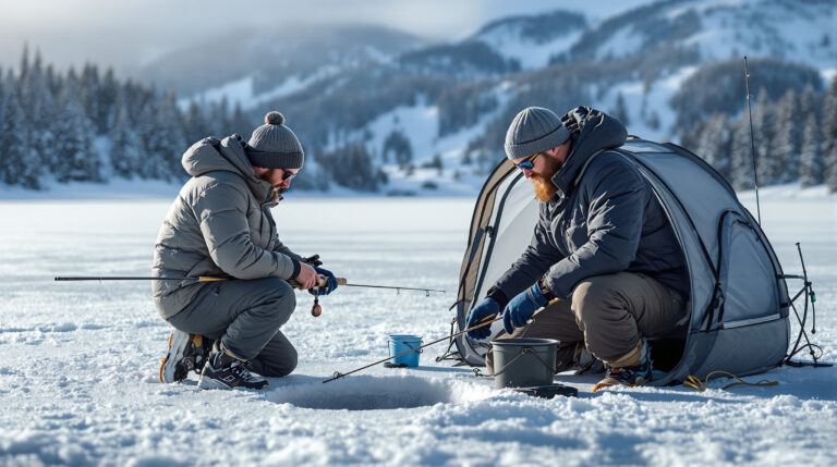 Two warmly dressed anglers ice fishing on a snow-covered lake with portable shelter and gear, misty breath visible in cold morning air, evergreen trees softly blurred in the background.
