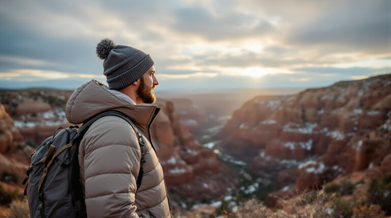 A hiker in layered outdoor clothing stands at a high-desert canyon overlook during sunrise, observing shifting clouds above rugged sandstone terrain, with soft golden light and cool blue shadows highlighting the dramatic weather conditions.