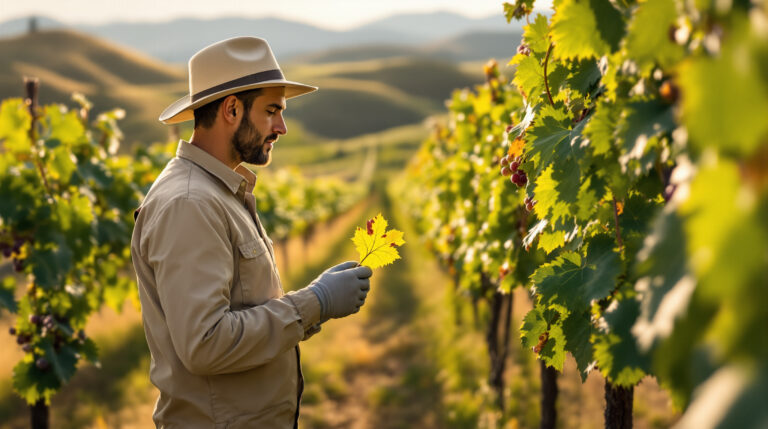 Vineyard worker examines a curled, discolored grape leaf for signs of leaf roll virus, with grapevines and rolling hills in the softly blurred background under warm sunlight.
