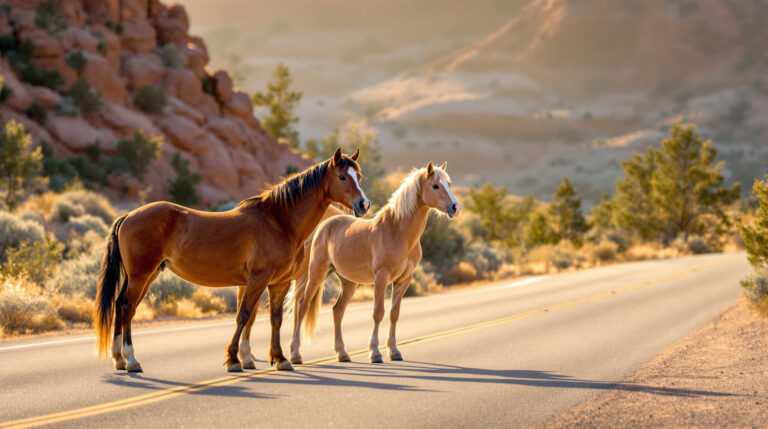 Three wild horses stand near a quiet canyon road bordered by sagebrush and sandstone cliffs under early morning sunlight.