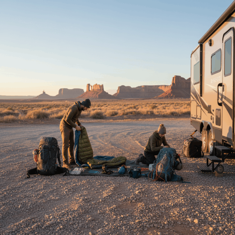 Backpackers organizing gear beside an RV at sunrise on a gravel campsite with red-rock mesas in the background and clear desert sky.