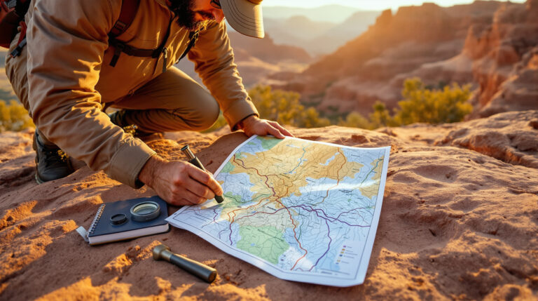 Hiker examining a topographic map with geological tools on sunlit red sandstone, blurred canyon cliffs in the background, evoking DIY fault line exploration near Grand Junction, Colorado.