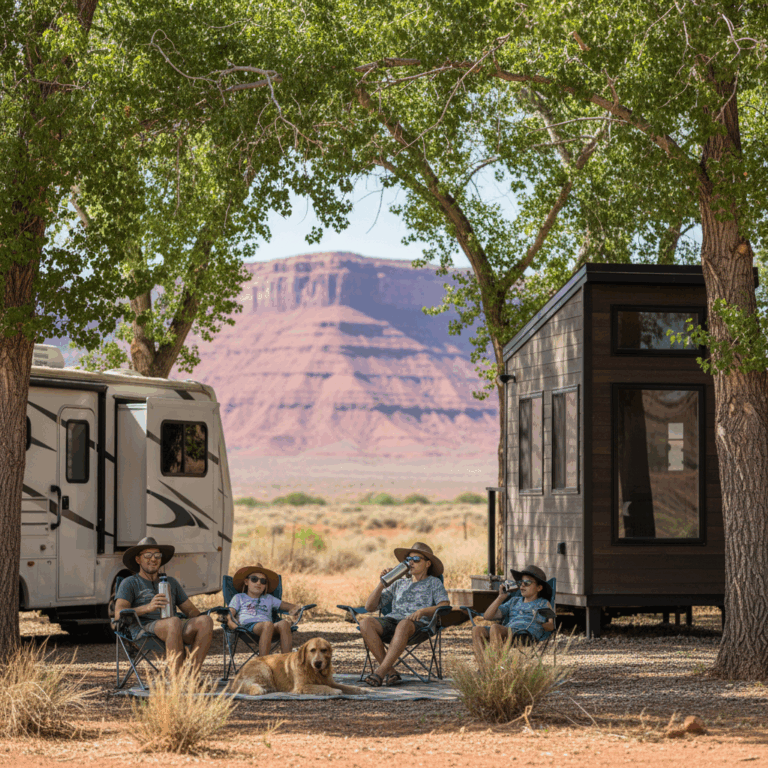 Family sitting outside an RV at Grand Junction campsite, drinking water and relaxing in the shade with Colorado National Monument cliffs in the background