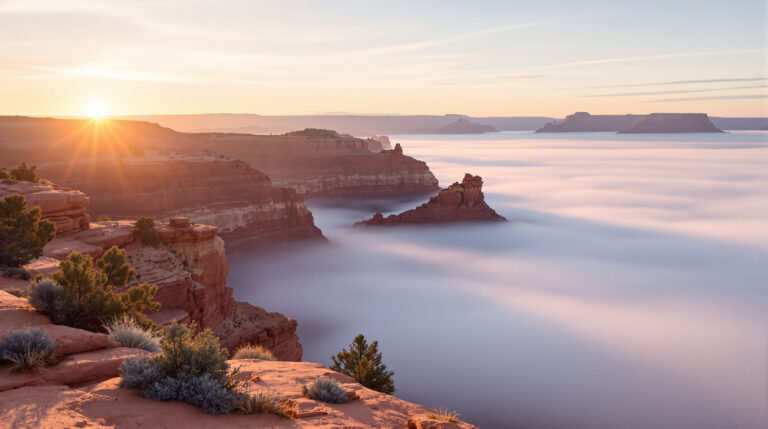 Early morning fog fills a red-rock canyon under soft golden sunlight, with sparse desert vegetation in the foreground and distant mesas fading into a pastel sky.