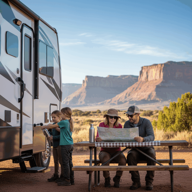 Family setting up an RV at a Grand Junction campground with children and grandparents drinking water under clear skies, surrounded by desert landscape.