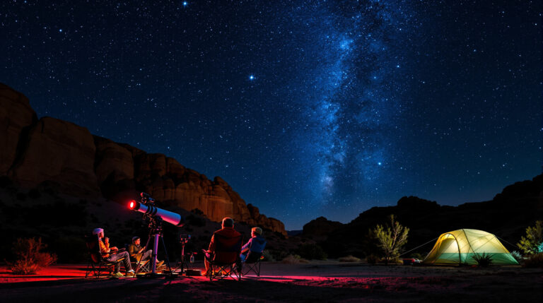 Campers using a telescope and red headlamps stargazing under a star-filled night sky at a desert campground, with a tent and sandstone mesas in the background.