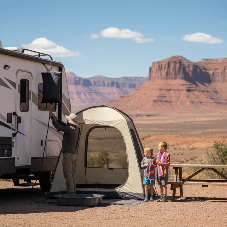 Family setting up a black solar shower bag on an RV at a sunny campsite with a privacy tent and children waiting nearby, red mesas in the distant background.