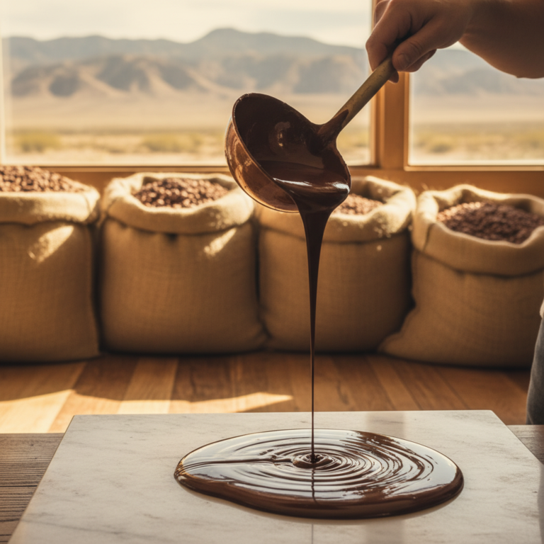 Artisan chocolatier pours melted chocolate onto marble slab in a rustic kitchen with cacao beans and soft sunlight suggesting a Grand Junction, Colorado setting
