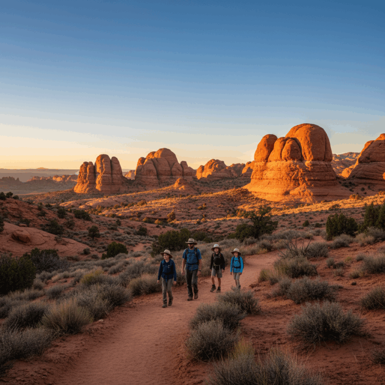Family hiking a sunlit dirt trail toward red sandstone beehive-shaped spires in a high-desert canyon near Grand Junction, Colorado, with clear blue sky and sunrise lighting.