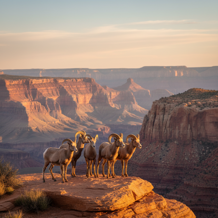 A group of desert bighorn sheep stands on red sandstone cliffs in Colorado National Monument at sunrise, with dramatic canyon scenery in the background.