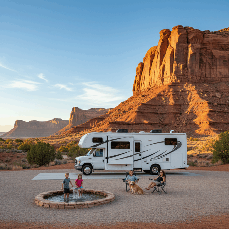 Family with dog relaxes by RV at a scenic campground with red sandstone cliffs and splash pad at sunset.