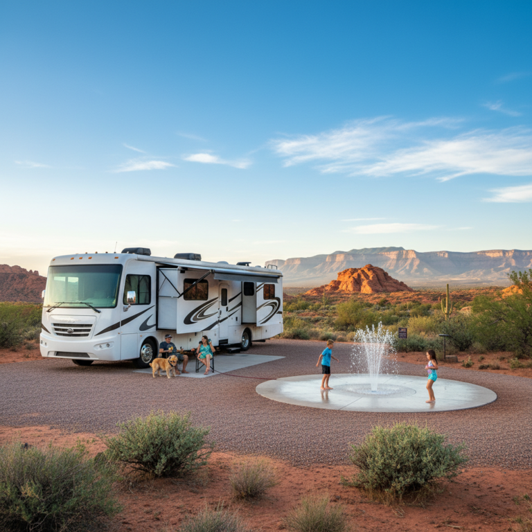 Family enjoying RV campsite with splash pad and dog under sunny sky near red-rock mesas and mountains
