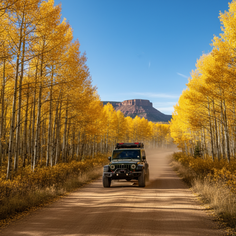 A green Jeep Wrangler drives along a dirt road lined with golden aspen trees under a clear blue sky on Grand Mesa during peak autumn in Colorado.