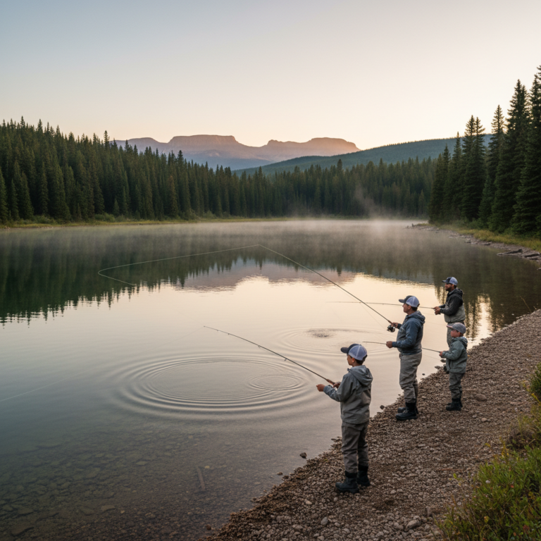 Family fishing at dawn on a clear alpine lake with mist rising, surrounded by pine trees and distant mesa silhouettes in Colorado.
