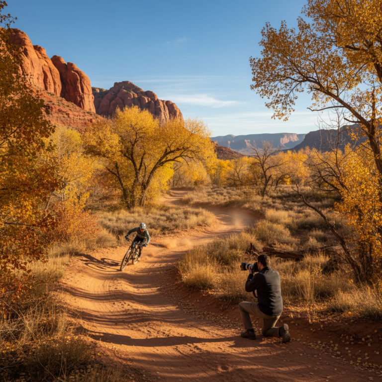 Mountain biker rides through golden autumn cottonwoods and red sandstone as a photographer kneels nearby under clear blue sky.