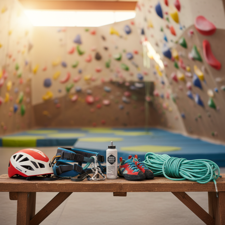 Climbing gear including shoes, harness, helmet, chalk bag, and rope neatly arranged on a bench inside an indoor climbing gym with colorful climbing walls in the background.