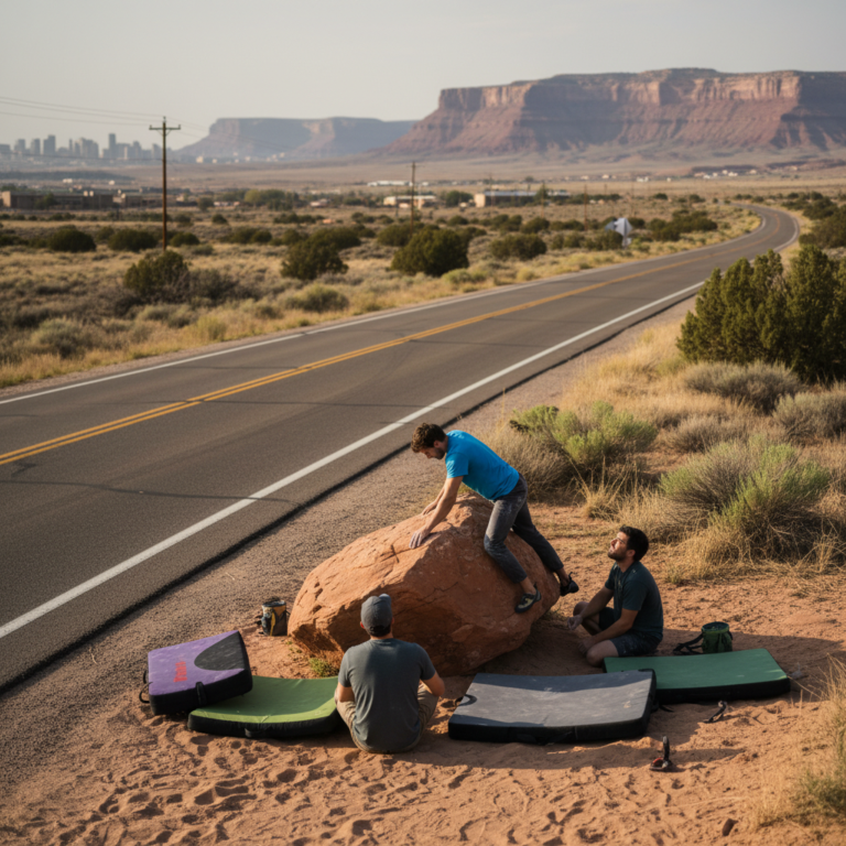 Three climbers bouldering on a red sandstone block beside a quiet road with crash pads, desert vegetation, and distant mesas in Colorado