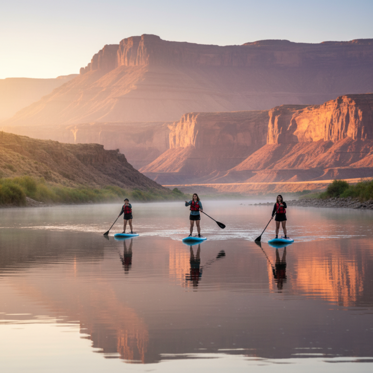 Two people paddleboarding at sunrise on calm water with pink and gold light reflecting off the Colorado River near Grand Junction, distant canyon walls and Book Cliffs in the background