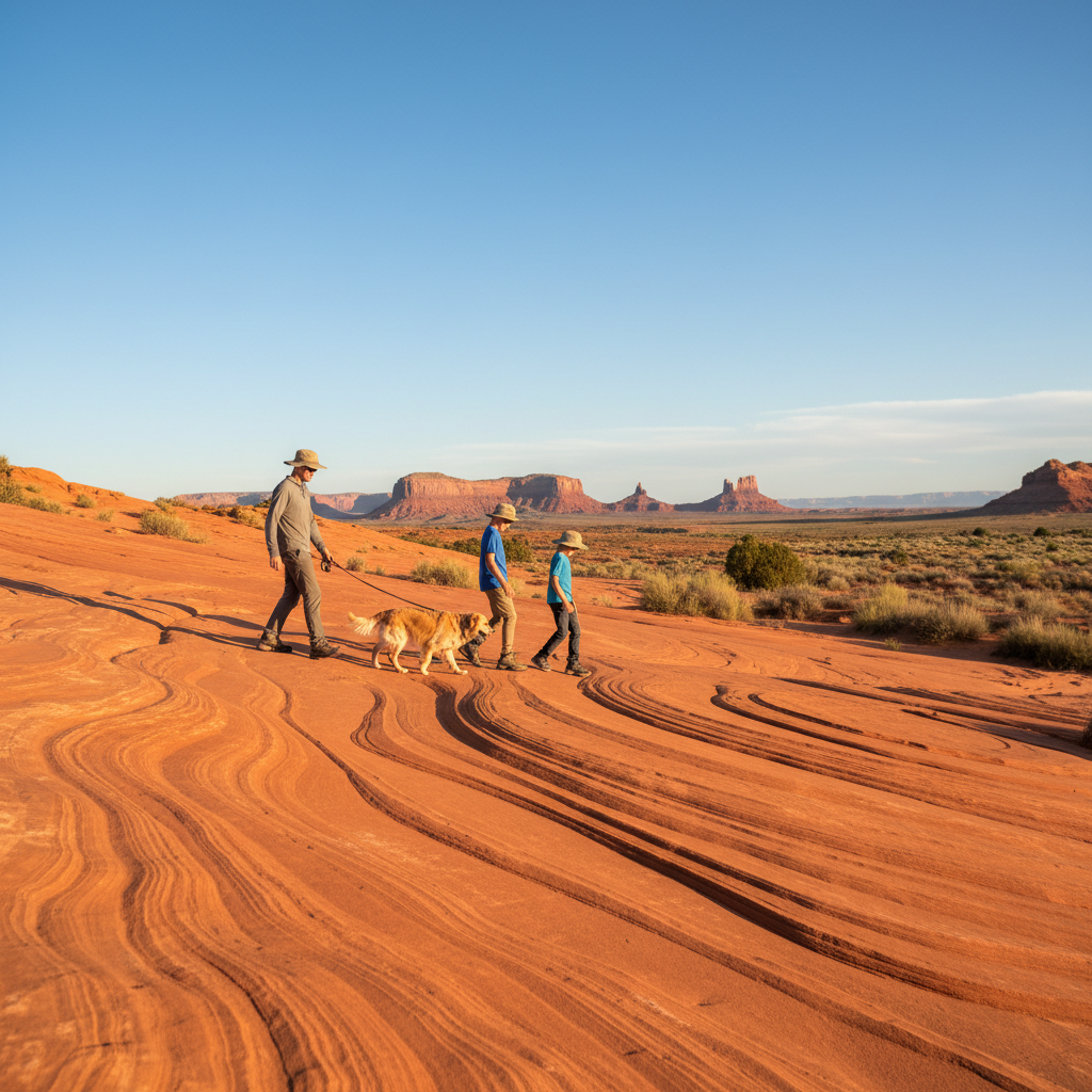 Family with young children and a dog walking on reddish sandstone slickrock with visible ripple marks and layered rocks under a clear blue sky near Grand Junction, Colorado