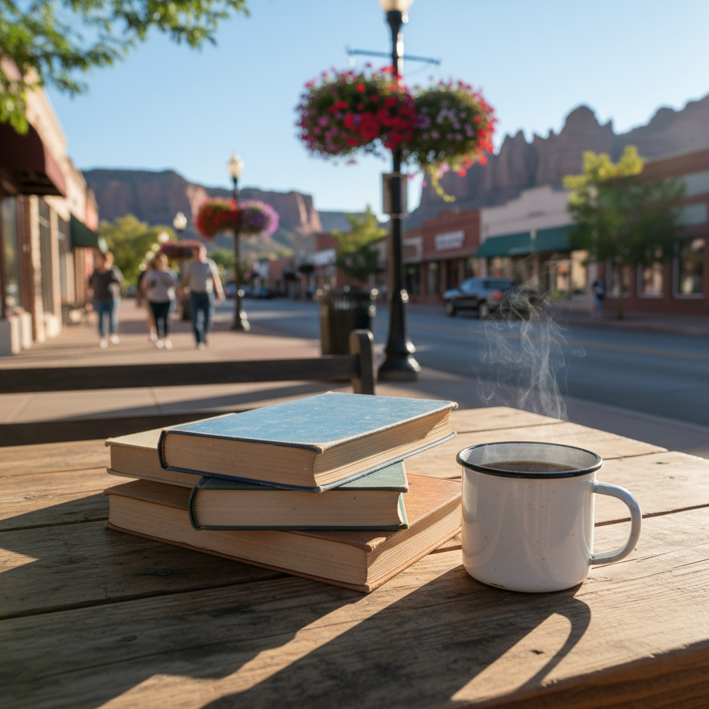 Stack of used books and a steaming mug on a wooden café table with a blurred small-town street and red cliffs in the background, suggesting Grand Junction, Colorado.