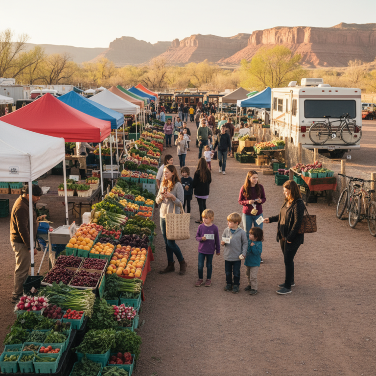 Families browse spring farmers market stalls with fresh produce as an RV and bikes are parked nearby, set against sandstone mesa scenery.