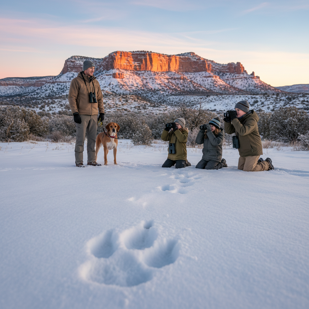 Family with kids and guide study fresh mountain lion tracks in snowy Book Cliffs at sunrise, hound on leash, cameras ready, rugged mesas in background