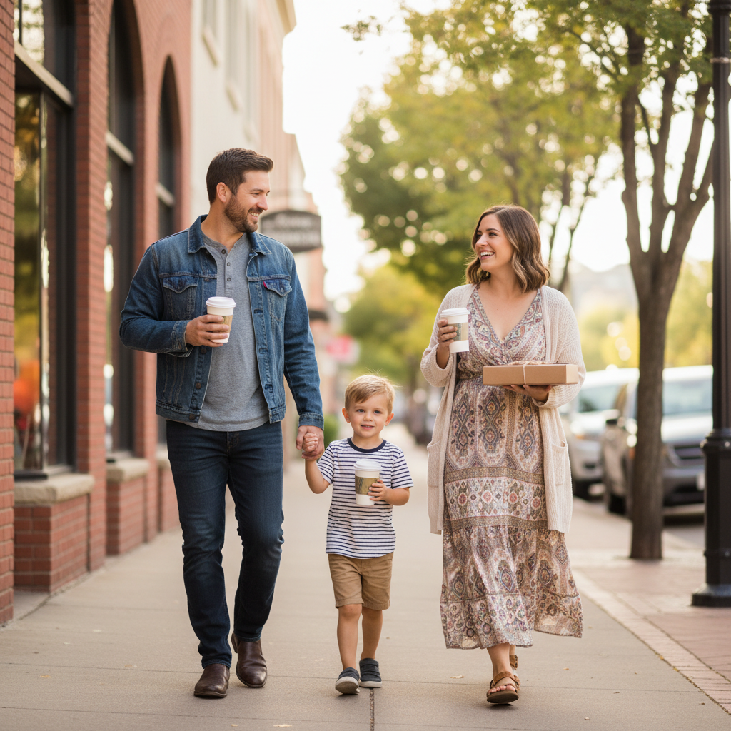 Two adults and a child walk along a sunny downtown Grand Junction, Colorado sidewalk holding to-go coffee cups and a pastry box during a morning coffee crawl.