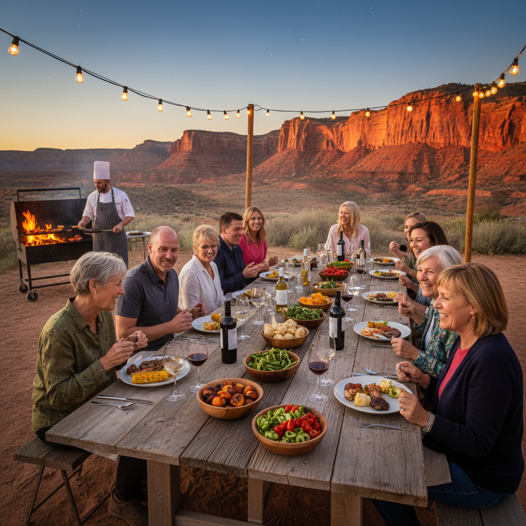 Guests enjoy a lantern-lit farm-to-table dinner on a mesa at sunset with fresh local dishes, a chef cooking outdoors, and red-rock cliffs in the background under a starry sky