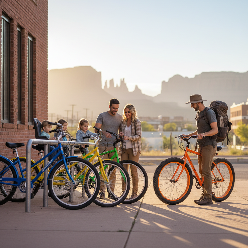 A diverse group of people compares rental bikes at a downtown rack with distant red-rock mesas under a clear Colorado sky.