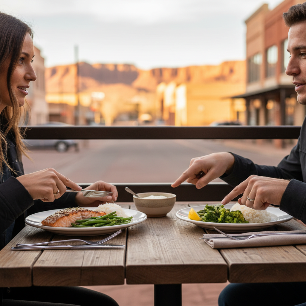 RV travelers share a gluten-free meal on a patio in Grand Junction, Colorado, with sauce served on the side to reduce cross-contact risk
