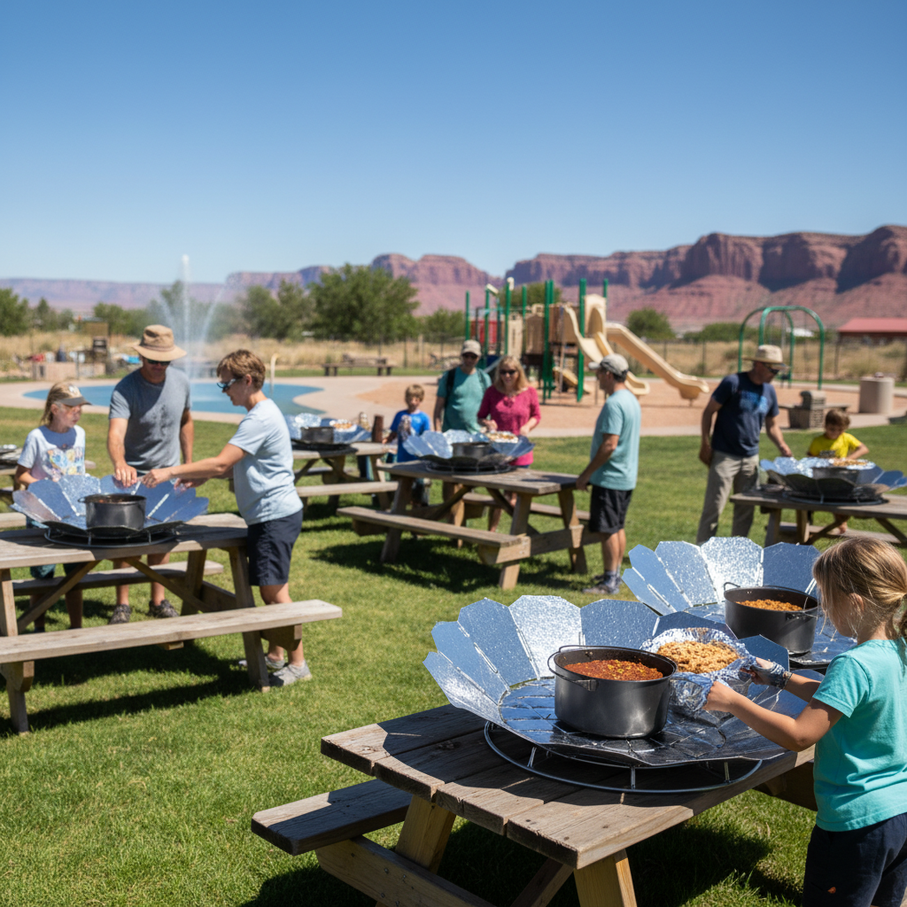 Families and outdoor enthusiasts cook with solar ovens on a sunny grassy lawn near picnic tables, with RV park amenities and red sandstone mesas in the background.