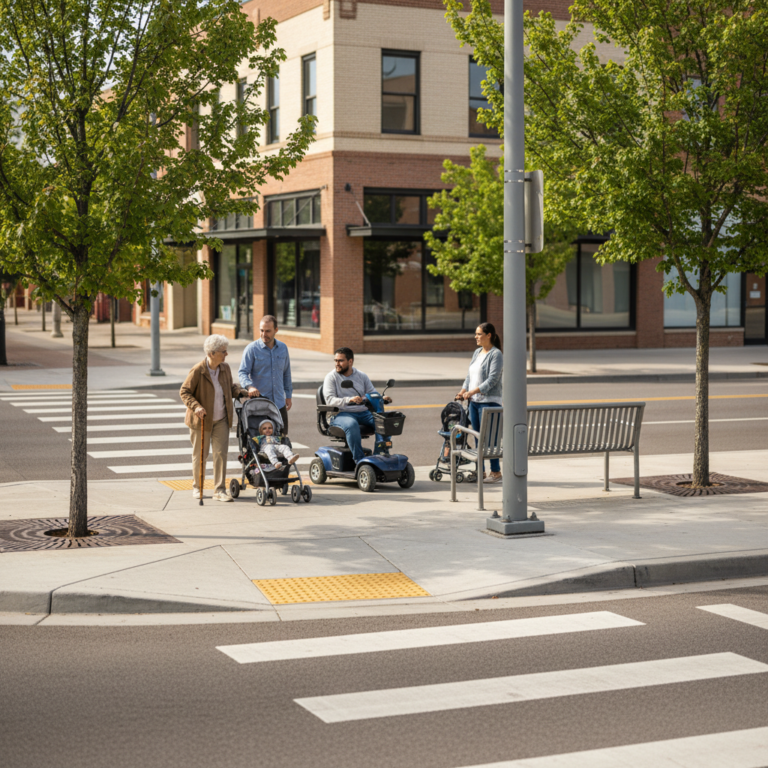 People using a cane, a wheelchair, and a stroller cross at a smooth downtown Grand Junction sidewalk corner with curb cuts and tactile warning pads near a bench and shade trees.