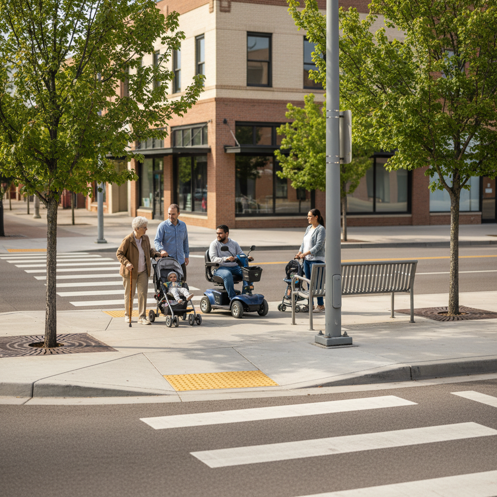 People using a cane, a wheelchair, and a stroller cross at a smooth downtown Grand Junction sidewalk corner with curb cuts and tactile warning pads near a bench and shade trees.