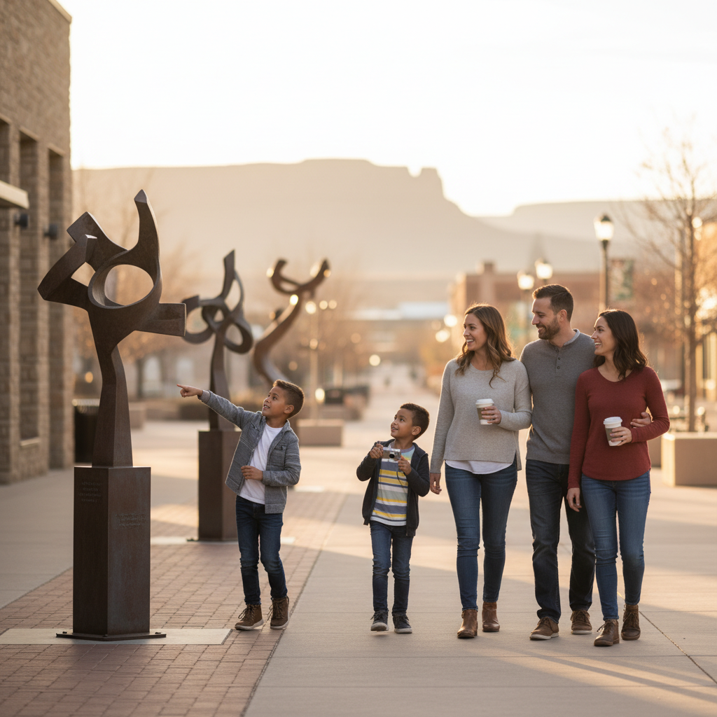 Family and couple walking past outdoor sculptures along a downtown Main Street sidewalk in Grand Junction, Colorado at golden hour, with one child pointing and another taking a photo.