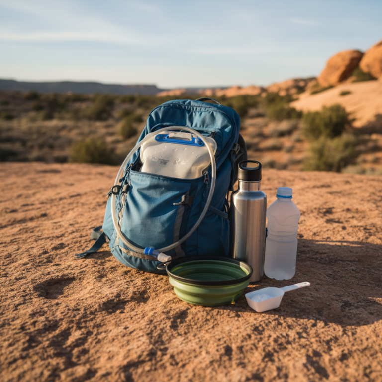 Hydration bladder with hose and two water bottles on a hiking pack on sunlit desert rock near Grand Junction, Colorado